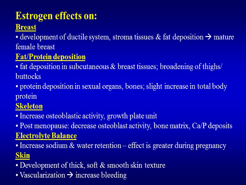 Estrogen effects on: Breast  development of ductile system, stroma tissues & fat deposition